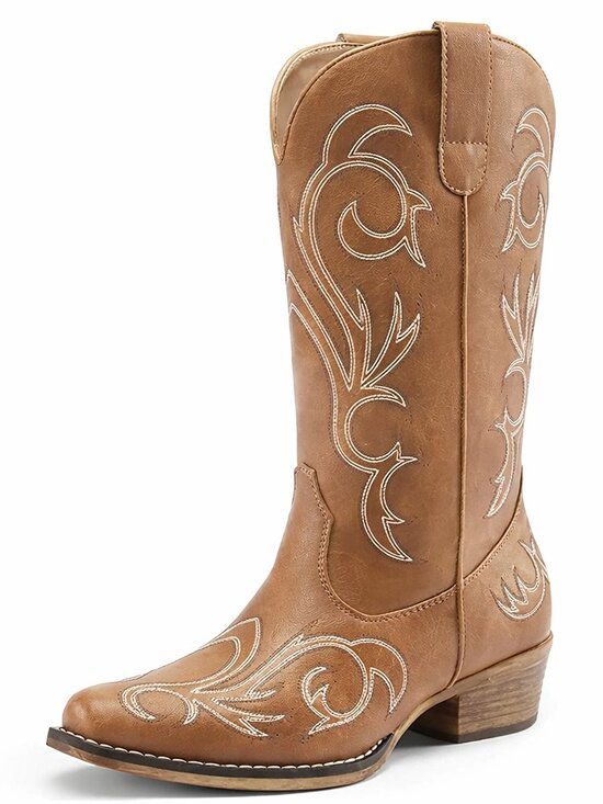Shoes - Women's Tan Faux Leather Cowgirl Boots Square Toe Chunky Heel Stitched Boots